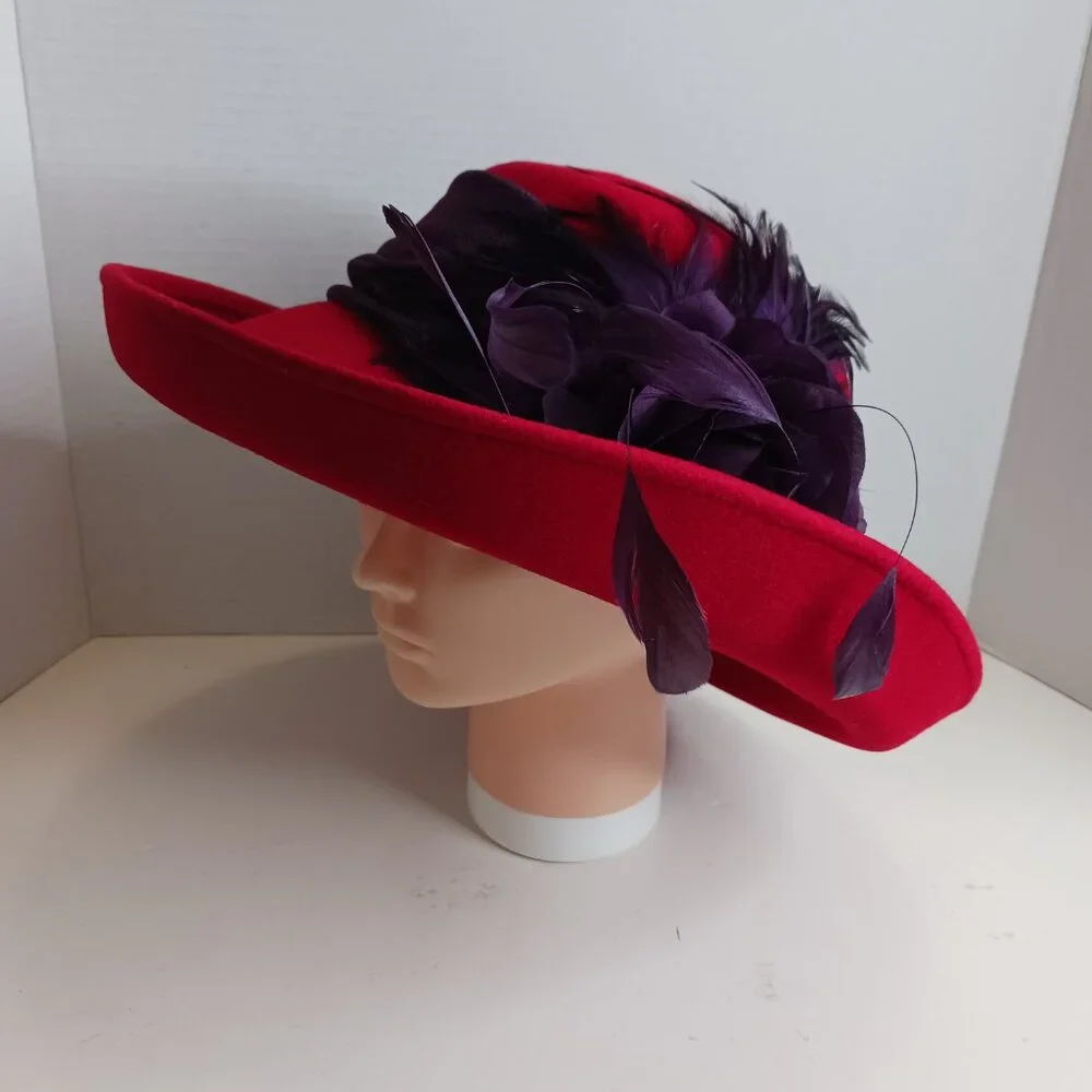 Vintage Derby Hat Fascinator Church Formal Wool Hat Red Purple - Picture 8 of 14